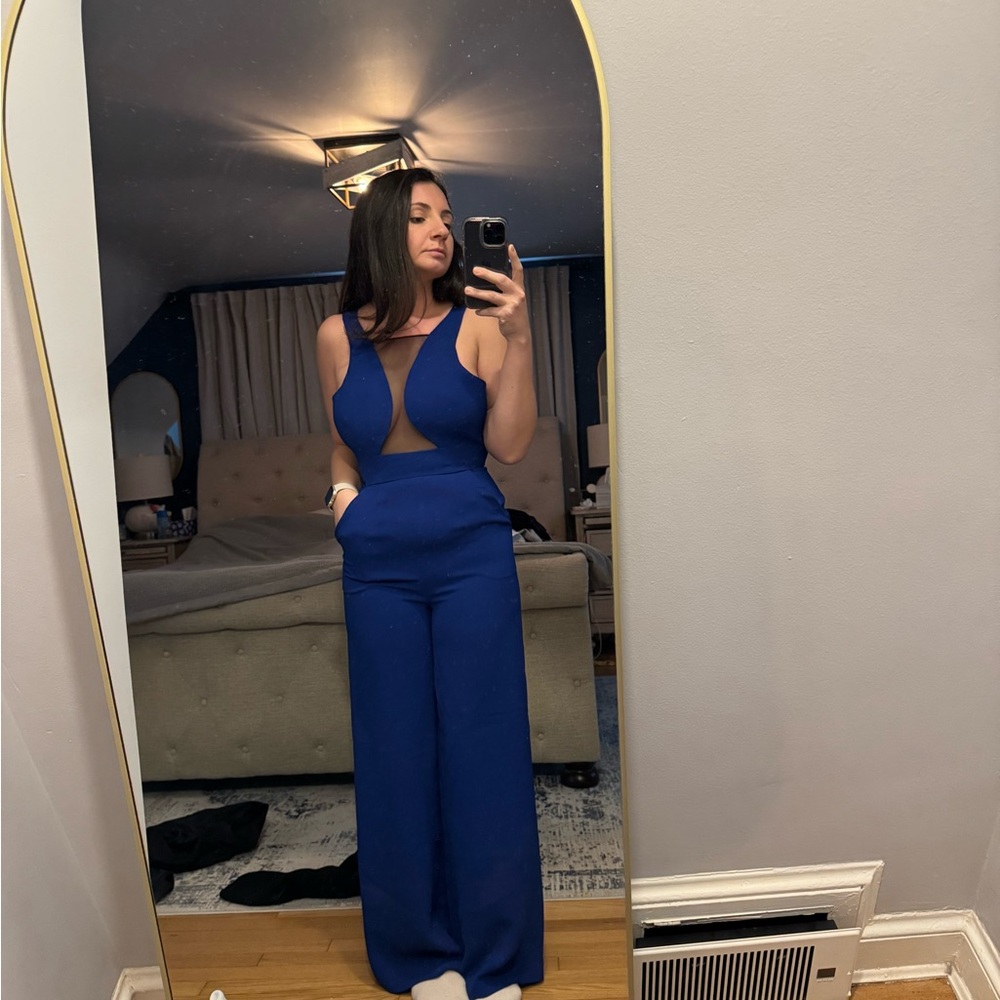 Chic Blue Jumpsuit with Sheer Detail